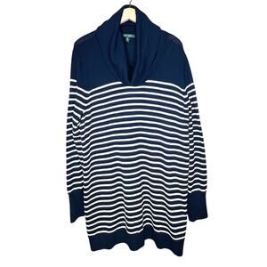 Ralph Lauren LRL Sweater 2X Wool Blend Stripe Navy Cream Tunic Nautical Preppy